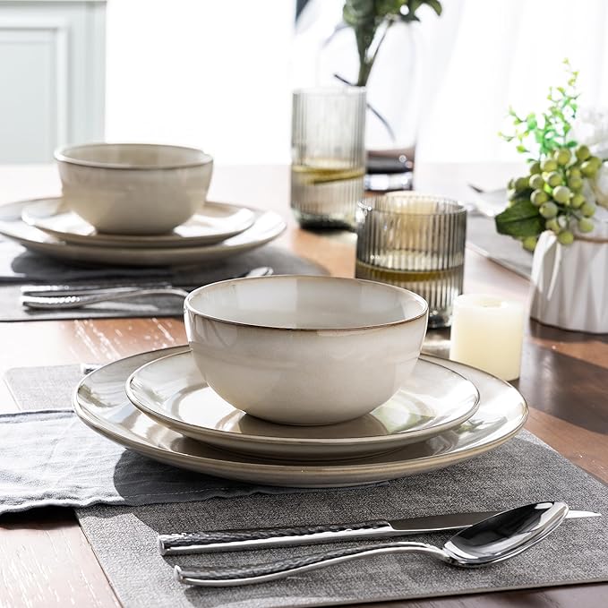 AmorArc Ceramic Dinnerware Sets for 4, 12 Pieces Handpainted Stoneware Plates and Bowls Set, Scratch Resistant Dishes Set, Dishwasher & Microwave Safe, Cappuccino