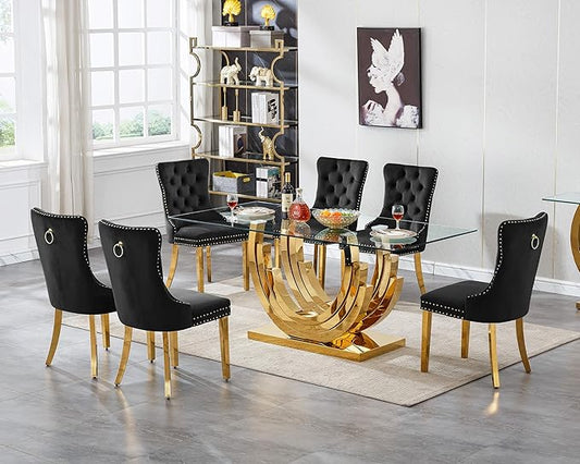 7 Piece Dining Table Set with 6 Black Dining Chairs, Modern Glass Kitchen Table and Chairs Set for 6, 70" Rectangle Gold Glass Pedestal Dining Room Tables with Ring-Shape Stainless Steel Base
