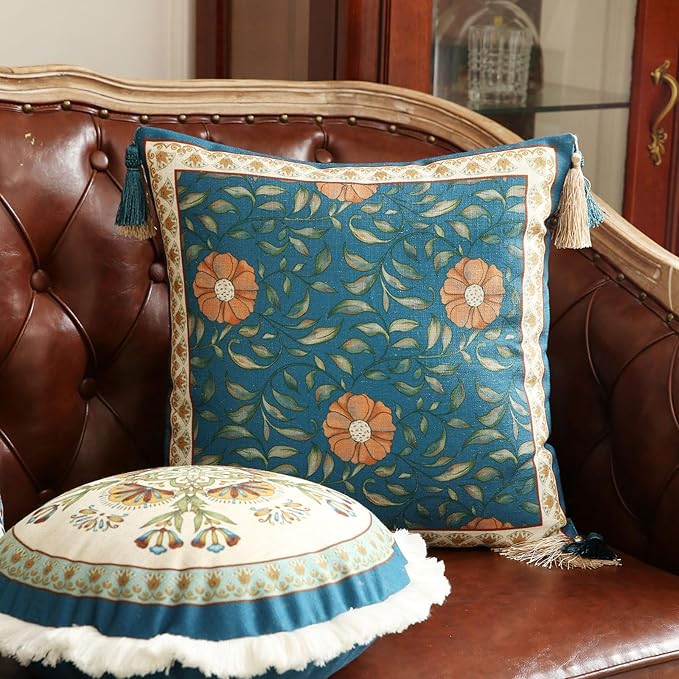 patdrea Designer Square Throw Pillow Covers Set of 2,French Floral Blue Farmhouse Linen Vine Branch Pattern Pillow Cover,Decorative Pillowcases Cushion for Bed Living Room Outdoor Car,18"x18"