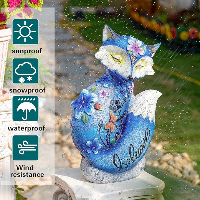 Sungmor Solar Garden Statue Fox Figurine with LED Lights, Solar Powered Resin Sculpture Yard Lawn Ornaments, Hand-Painted Outdoor Figurine Lights Decorations, Housewarming Gift