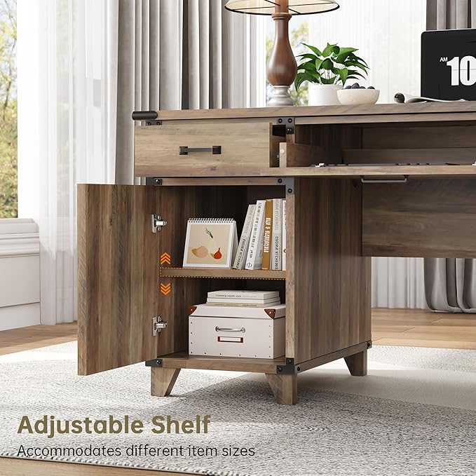 59" Farmhouse Executive Desk with Keyboard Tray,Wooden Computer Desk with Scratch-Resistant Wear-Resistant for Office, 5 Drawers,Home Office Workstation with wFile Cabinet Storage