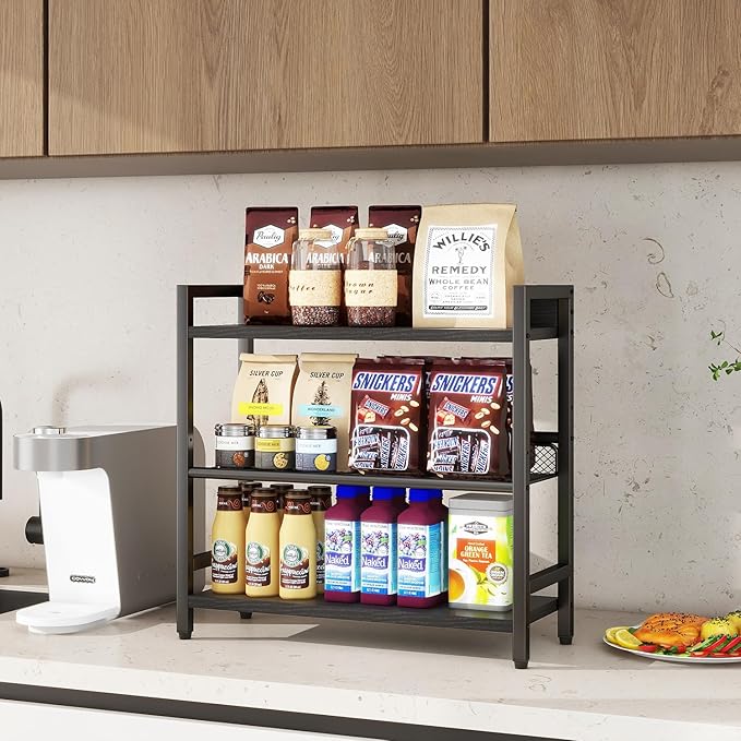 IBUYKE 3-Tier Spice Rack Industrial Counter Shelf Desktop Storage Organizer Standing Seasoning Rack for Countertop Kitchen Office Living Room Desktop Black UTLJ021B