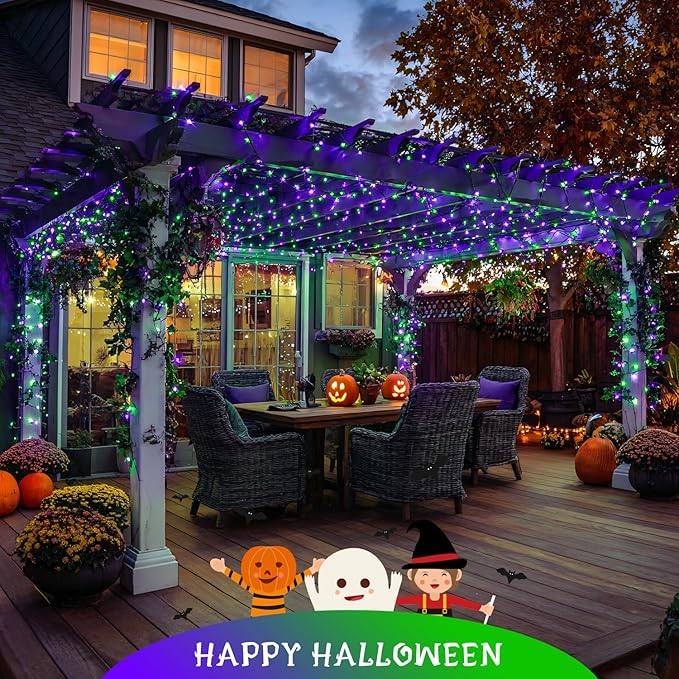 JMEXSUSS Purple and Green Halloween Lights, 132ft 400 LED Halloween Lights Plug in, String Light Indoor Outdoor for Yard Tree Porch Decor