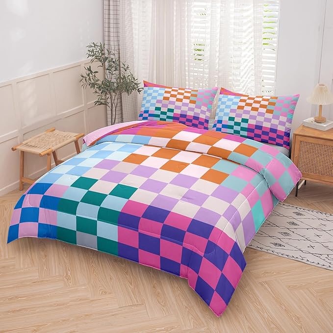 Tailor Shop Plaid Comforter Sets Twin Bedding Set Women Men Checkerboard Grid Bedding Boys Girls Checkered Geometric Room Decor with 1 Pillowcases