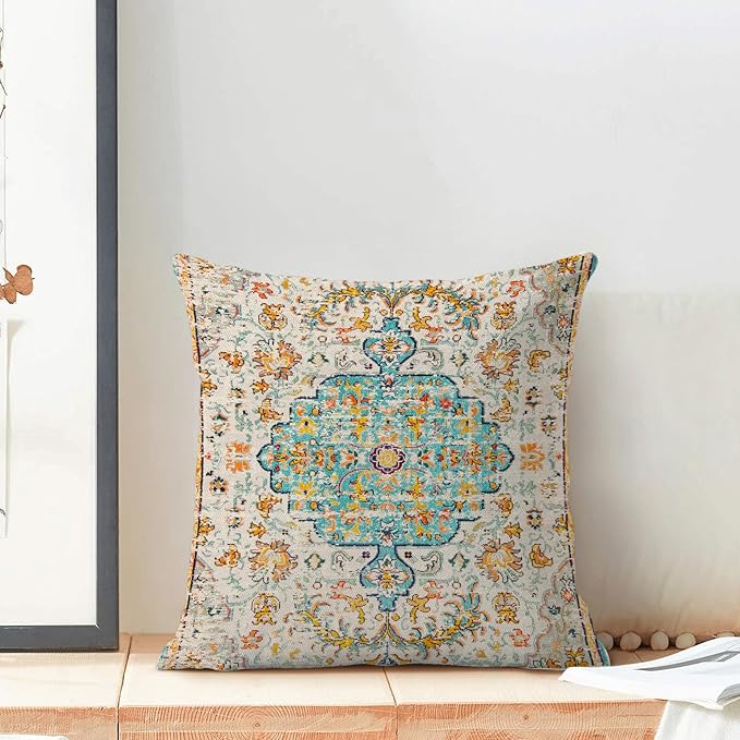 Boho Pillow Covers 18x18 Set of 2, Carpet Pattern Teal Yellow Decorative Throw Pillows Farmhouse Bohemian Cushion Pillow Covers for Sofa Couch Outdoor Decor