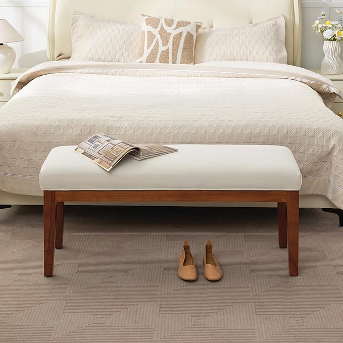 43.5'' Linen Bedroom Bench, Upholstered End of Bed Bench, Padded Vintage Dining Bench, Entryway Bench with Solid Wood Legs, Kitchen, Living Room, Hallway, White