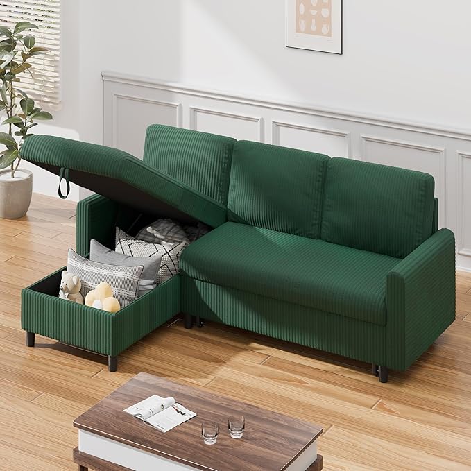 Sofa Bed Sleeper Pull Out 2 in 1 Sectional Sleeper Sofa Couches with Storage, Pullout Sectional Couches for Apartment Living Room,Green