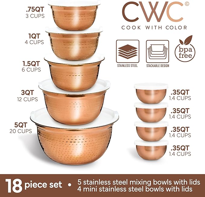 COOK WITH COLOR 18 Piece Mixing Bowls Set with Airtight Lids, Stainless Steel Bowl Organizers, Food Storage Containers, Meal Prep, Nesting Salad Bowls For Cooking, Baking, Kitchen, Copper - Hammered