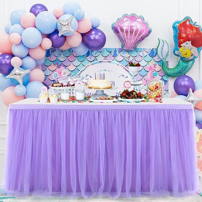 Suppromo Purple Tulle Table Skirt Baby Shower Table Cloth for Rectangle Tables or Round Tables Purple Tutu Table Skirt for Girls Mermaid Elephant Butterfly Birthday Party Cake Dessert Decorations
