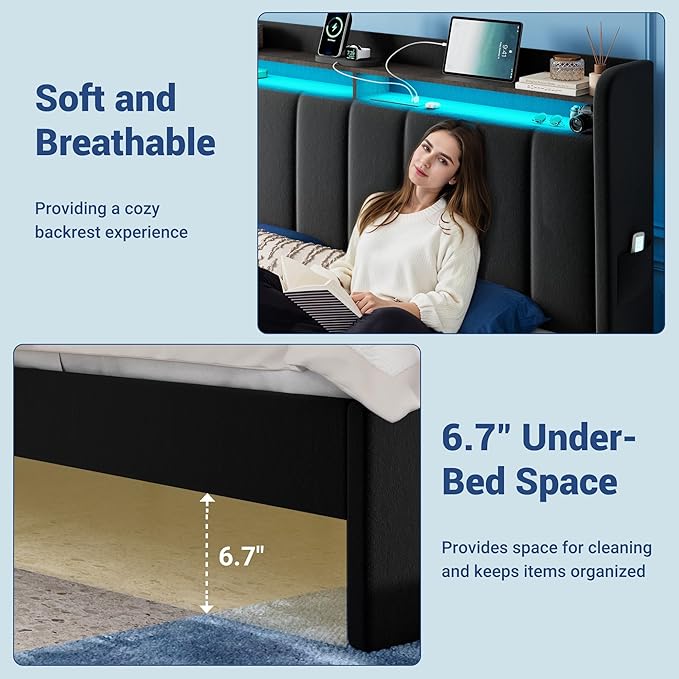 Allewie Velvet Vertical Tufted Full Size Upholstered Platform Bed Frame with 2-Tier LED Storage Headboard & 2 Storage Drawers, USB & Type-C Charging Ports, Noise-Free/No Box Spring Needed, Black