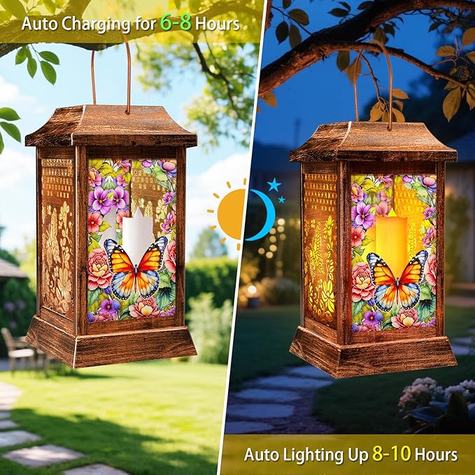 Butterfly Solar Lanterns Outdoor Waterproof, Metal & Glass Hanging Lights Garden Decor, Birthday Gifts for Women Mom Grandma Mothers Day, Decorative Lights for Outside Yard Patio Backyard Porch