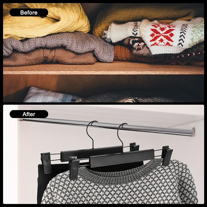 30 Pack Pants Hangers with Adjustable Non-Slip Clips Anti-Rust Hanging Hook for Trouser,Skirts,Jeans,Clothes Hangers Black