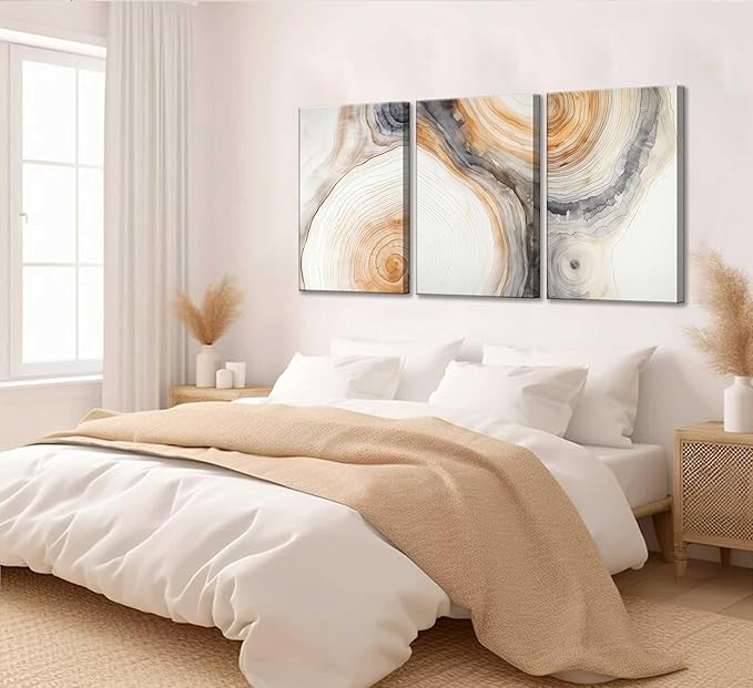 3 Pcs Beige Tree Rings Canvas Wall Art Modern Neutral Abstract Geome Nature Tree Ring Paintings Pictures Wall Decor Poster Print Artwork for Living Room Bedroom Office Home Decoration