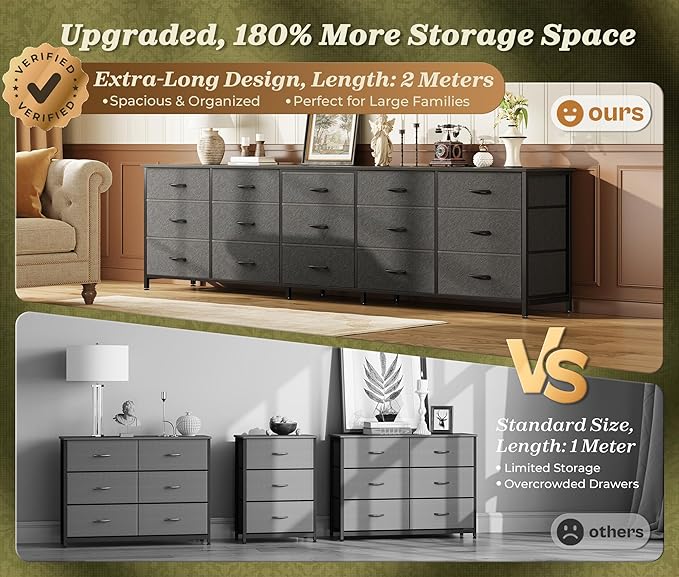 Huuger 78.7 inch Long Dresser for Bedroom, 15 Drawer Fabric Dresser for Closet, Large TV Stand for 65, 75, 85 inch TV, Wide Chest of Drawer with Storage, 78.7" W x 12.9" D x 26.7" H, Black