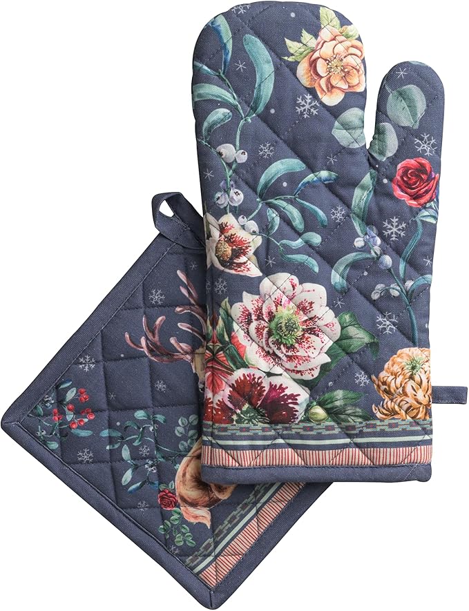 Maison d' Hermine 100% Cotton Oven Mitt & Pot Holder Set (7.5"x13" & 8"x8") Heat Resistant BBQ Cooking Gloves with Loop for Thanksgiving Christmas Decorations Handling Hot Pans (Christmas Joy)