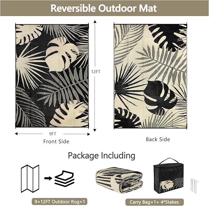Waterproof Outdoor Rug 9x12 ft, Reversible Plastic Straw Mat with Leaf Pattern, Large Floor Mat for Patio, Camping, Picnic, Backyard RV, Deck, Black