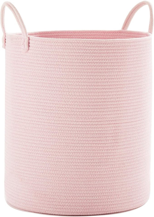 Pink Hamper Laundry Basket for Baby Girls Nursery Hamper for Kids Woven Rope Clothes Basket for Little Girls Room Bedroom Light Pink Kawaii Laundry Bin