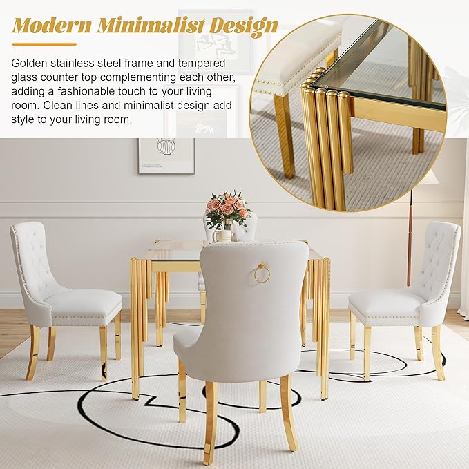 35" Square Glass Dining Table, Modern Tempered Glass Kitchen Table with Stainless Steel Legs for 2-4, Stylish Gold Dinner Table for Home Office, Kitchen, Living Room