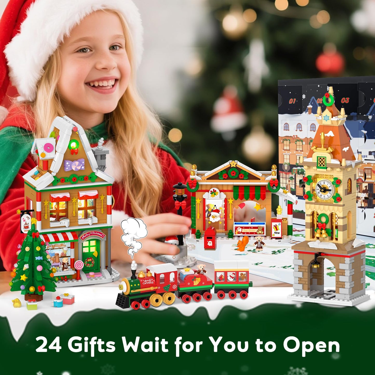 INSOON 2025 Advent Calendar Christmas Mini Building Set with Light, 24 Days Countdown City Main Street Building Block Kit with Xmas Tree, Holiday Gift Building Toys for Adults Kids Boys Girls Ages 8+
