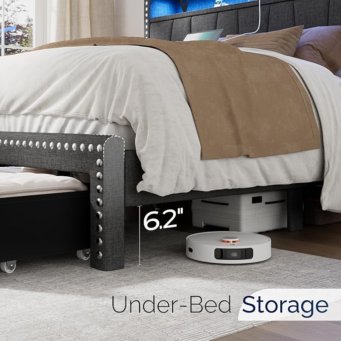 Full Size Bed Frame with Storage Headboard and Drawers Modern Rivets Upholstered Bed Frame with LED Charging Station Full Bedframe No Box Spring Needed