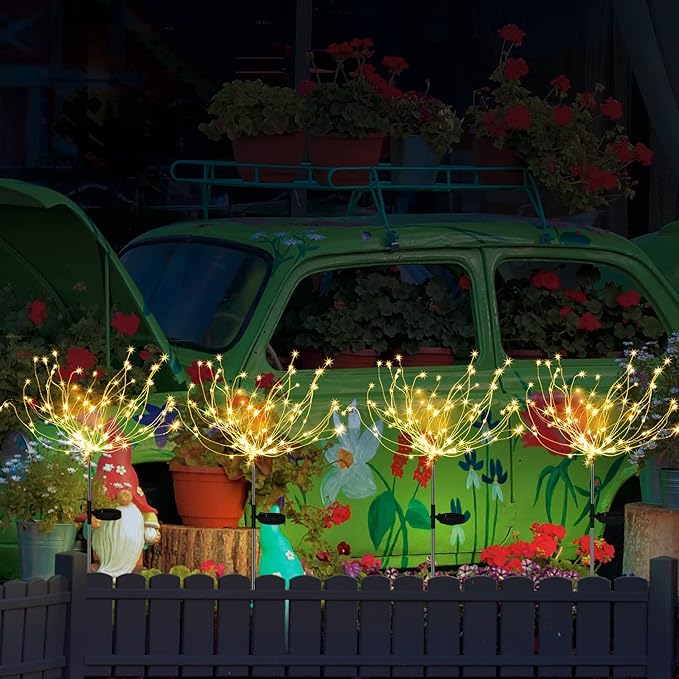 Anordsem Solar Lights Outdoor Waterproof: Garden Light Solar Powered for Yard Outside Decorations-Fireworks Lamp Led for Patio Pathway- Sparkler Stick Twinkle Gifts for Women Wife 4 Pack Warm White