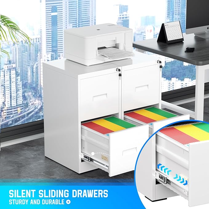 Greenvelly 18" D File Cabinet, 2 Drawer Filing Cabinet with Lock, Locking Vertical File Cabinet for Home Office, White Metal File Cabinet for Hanging Letter/Legal Folders, Easy Assemble