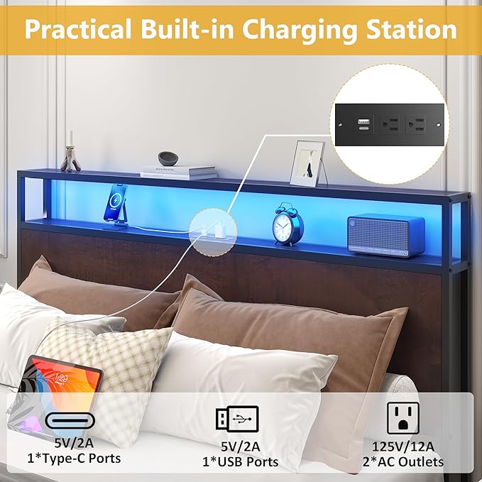 Lifezone Queen Bed Frame with 2-Tier Storage Headboard, Metal Platform Bed Frame with 4 Storage Drawers, Built in Charging Station & LED, Noise-Free/Metal Support/No Box Spring Needed, Coffee Brown