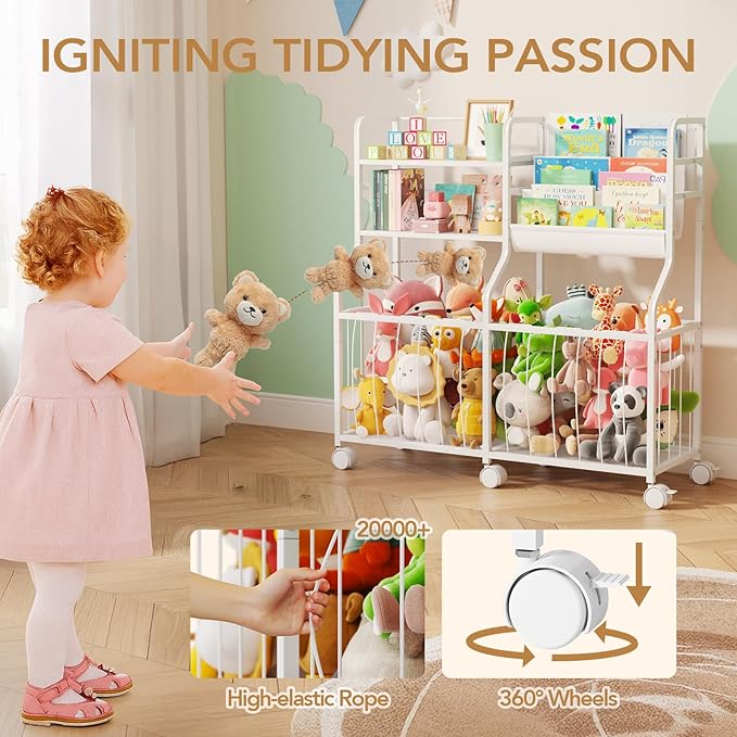 BBLIKE Stuffed Animal Storage Organizer - Rolling Kids Bookshelf and Toy Storage with 3 Tiered Book Display and Toy Chest - Rolling Furniture for Kids Room, Playroom, Bedroom, Nursery, White
