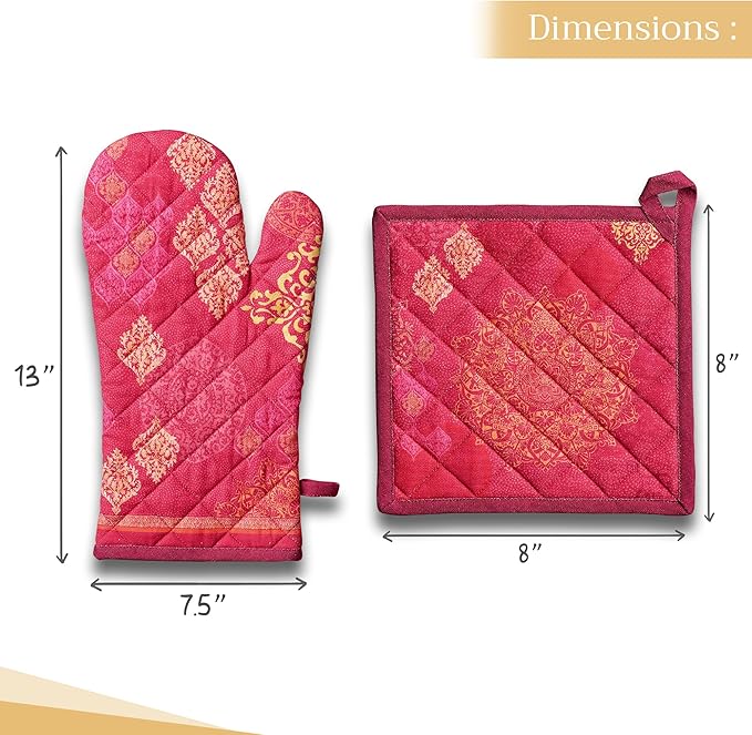 Maison d' Hermine 100% Cotton Oven Mitt & Pot Holder Set (7.5"x13" & 8"x8") Heat Resistant BBQ Cooking Gloves with Loop for Thanksgiving Christmas Decorations Handling Hot Pans (Versailles)