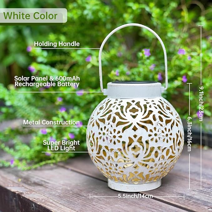Outdoor Solar Hanging Lantern Lights Metal LED Decorative Lamp for Garden Patio Courtyard Lawn and Table with Hollowed-Out Design (White)