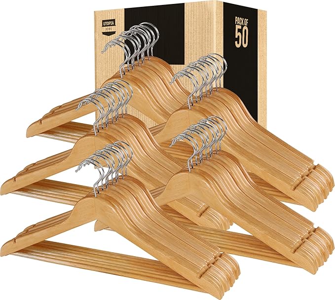 Utopia Home Premium Wooden Hangers 50 Pack - Durable & Slim Coat Hanger - Suit Hanger with 360-Degree Rotatable Hook - Wood Hangers with Shoulder Grooves (Natural Color)