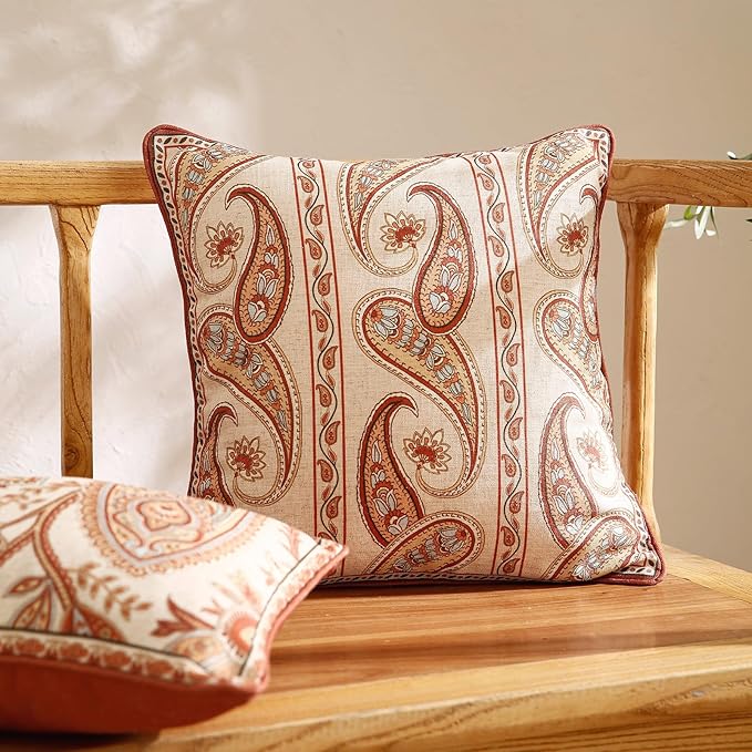 Design Linen Classic Vintage Throw Pillow Covers 18"x18" Pack of 2, Square Cushion Covers with Orange Yellow Paisley Style Pattern Decoration Pillowcases for Bed,Living Room,Outdoor,Car