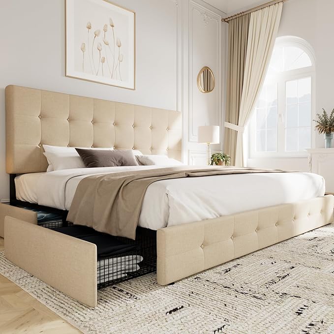 Allewie Upholstered King Size Platform Bed Frame with 4 Storage Drawers and Headboard, Square Stitched Button Tufted, Mattress Foundation with Wooden Slats Support, No Box Spring Needed, Beige