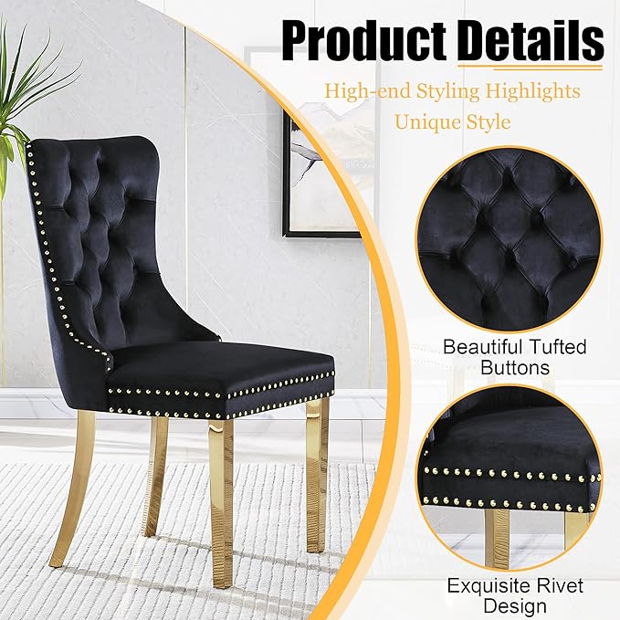 5 Piece Glass Dining Table Set, Morden Kitchen Table Set for 4 with 51" Black Glass Dining Table and 4 Black Velvet Upholstered Chairs for Kitchen, Gold Legs