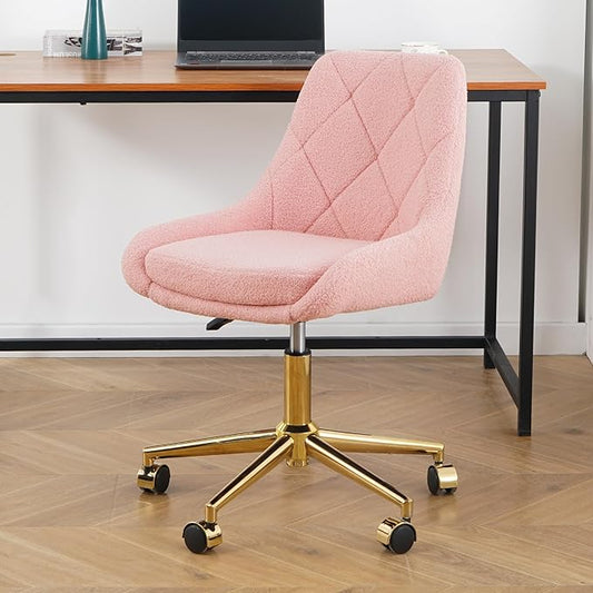 Furnimart 360° Swivel Rolling Desk Chair, Height Adjustable Vanity Chair with Gold Legs, Pink Cute Task Chair with Wheels for Dorm Bedroom Studying Small Places (Teddy Pink)