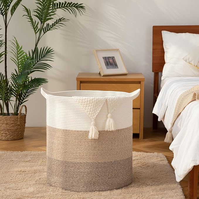 Laundry Basket, 100L Large Laundry Hamper, Tall Woven Rope Storage Basket for Blanket Toys Pillows Towels, Baby Nursery Hamper Bin for Living Room, Bedroom (Gradient Yellow)