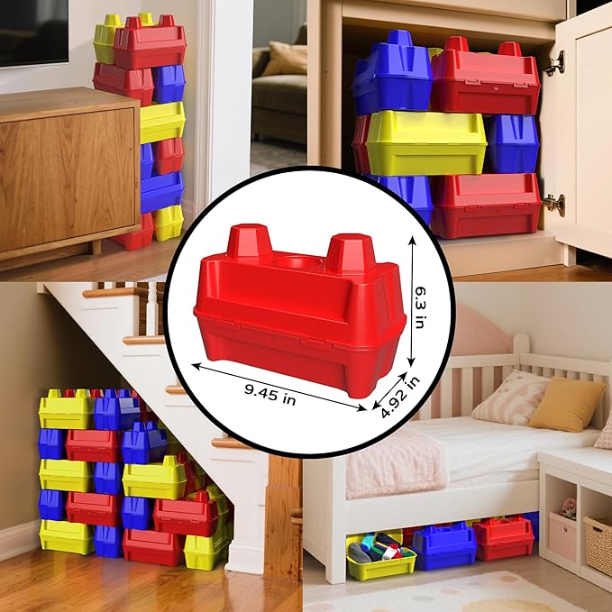 12 pack 9.45”x6.3”x4.92” Stackable plastic toy storage bins for classroom playroom organization for kid children big large building blocks 1-3 3-5 4-8 years old girl boy
