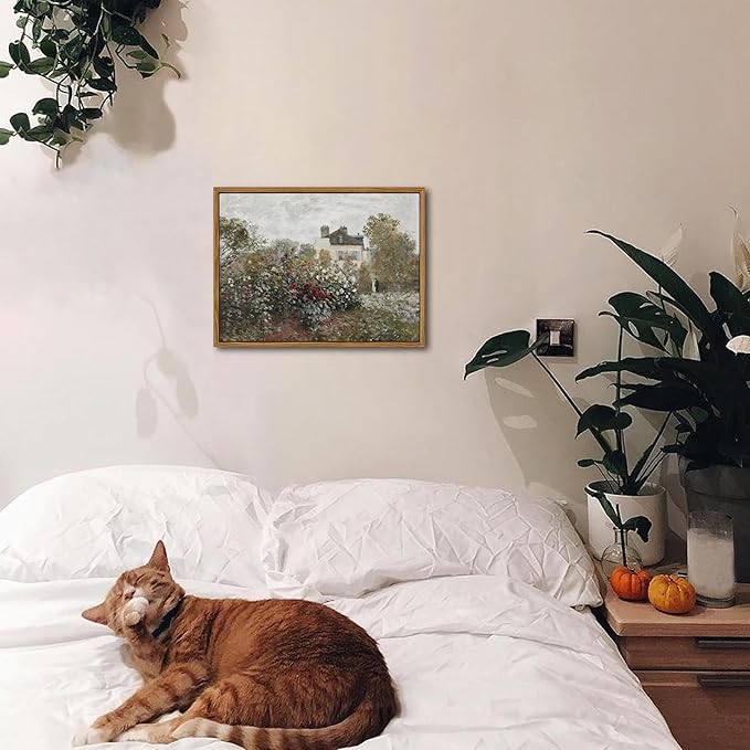 Floating Framed Vintage Monet Canvas Wall Art, Classical Rustic Farmhouse Landscape Wall Decor Paintings, Natural Floral Artwork Pictures Posters Prints for Living Room Bedroom 8x10 inch