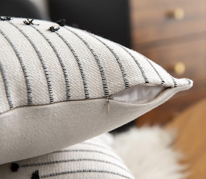 Caflife Boho Throw Pillow Covers 20x20 Set of 2 Decorative Pillows for Bed, Neutral Pillow Covers Beige with Black Line Throw Pillows for Modern Farmhouse Couch Sofa Living Room Outdoor