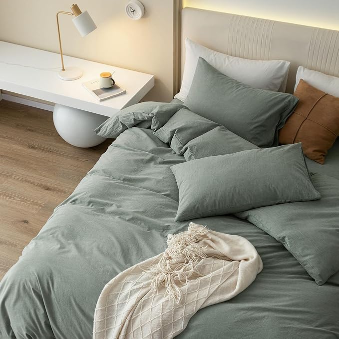 JIYUAN 100% Washed Cotton Duvet Cover Set 3 Pieces Queen, 1 Duvet Cover 90x90 Inches(Comforter Not Included) and 2 Pillowcases,Linen Feel Bedding Set Comfy and Breathable, Heathered Green