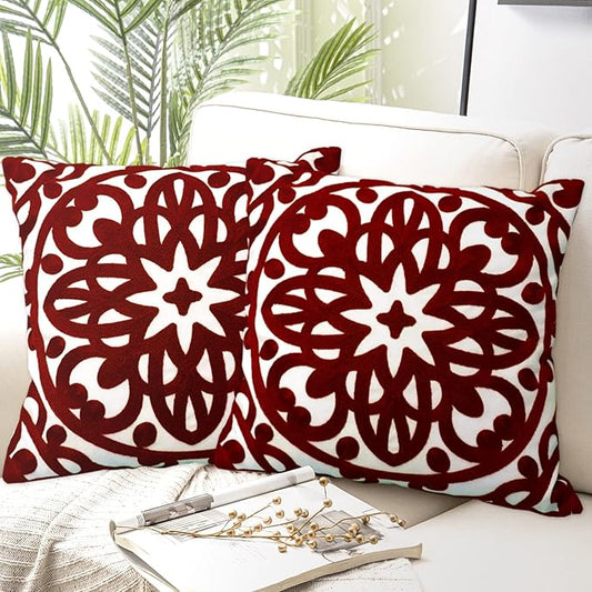 Alysheer Embroidered Decorative Throw Pillow Covers 18"x18" Set of 2 Pieces, Cozy Warm Boho Mandala Knit Pattern, Durable 100% Cotton Canvas Cushion Cases for Sofa Couch Living Room(Burgundy Red)