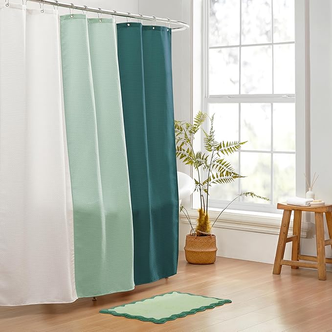 MONDAY MOOSE Bath Mat with Scalloped Wavy Ripple Design, Microfiber Absorbent Non Slip Tufted Rug for Floor, Shower or Kitchen (16x24 inch, Teal Green)