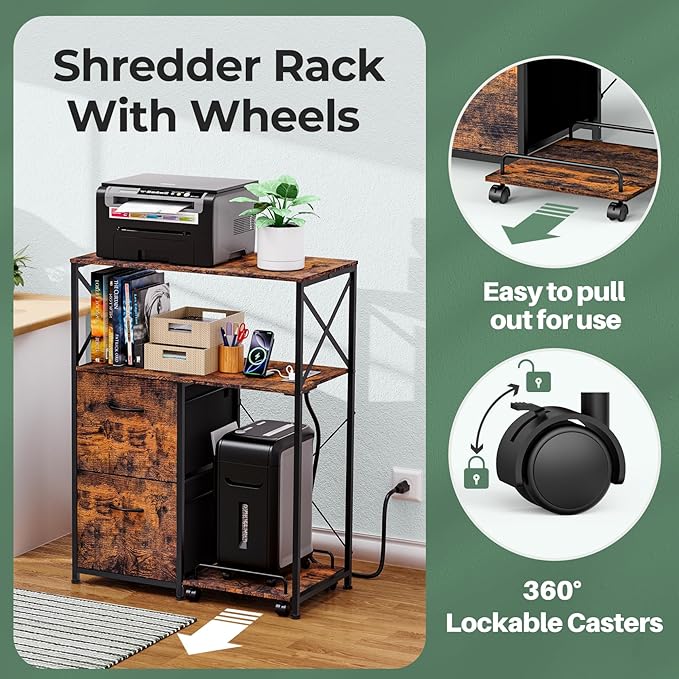 Printer Stand for Home Office, 31.5 x15.7 x 40 Inches Large Mobile Printer Table with Adjustable Storage Shelf, 2 Drawer File Cabinets Rolling Cart with Wheels for Host Computer - Rustic Brown