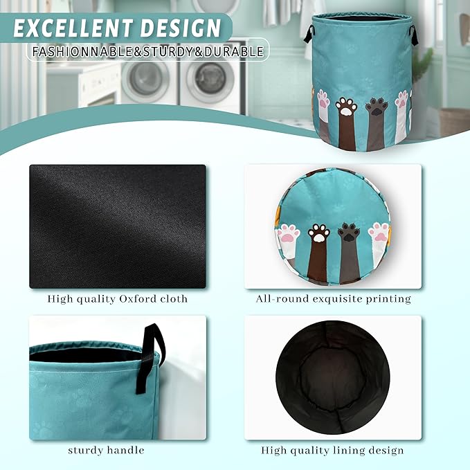 Cute Cat Paws Dog Paw Laundry Basket Foldable With Handles Tote Bag Oxford Cloth Funny Animal Laundry Hamper 18.9" x 16.5 "Clothes Storage Bucket Toy Organizer For Bathroom/Laundry/Bedroom