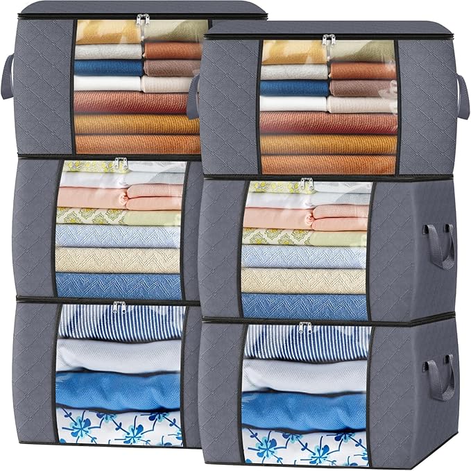 Fab totes 90L Clothes Storage, Foldable Thick Fabric Blanket Storage Bags, Containers for Organizing Bedroom, Closet, Clothing, Comforter, Organization with Handle (6 Pack,Grey)
