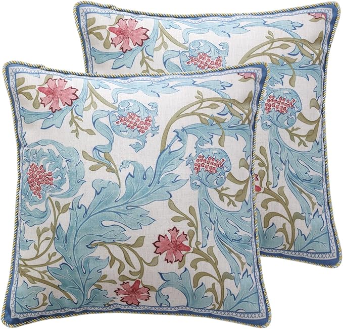 patdrea Designer Throw Pillow Covers for Couch 18"x18",Vintage French Linen Pillows Cover with Blue Floral Pattern,Fall Luxury Farmhouse Decorative Pillowcases for Bed Living Room Outdoor Set of 2