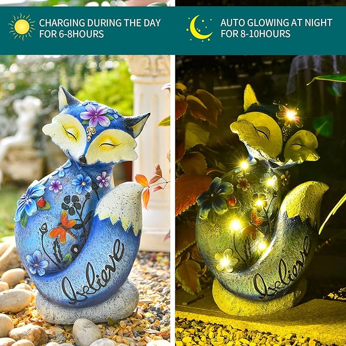 Sungmor Solar Garden Statue Fox Figurine with LED Lights, Solar Powered Resin Sculpture Yard Lawn Ornaments, Hand-Painted Outdoor Figurine Lights Decorations, Housewarming Gift