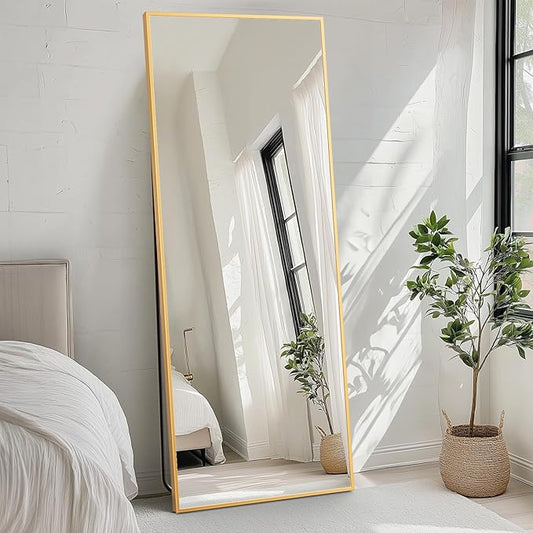 OLIXIS Full Length Mirror 71"x26" for Bedroom, Full Body Mirror with Stand, Hanging or Leaning for Wall, Aluminum Alloy Thin Frame Floor Standing for Living Room, Long, Classical Gold