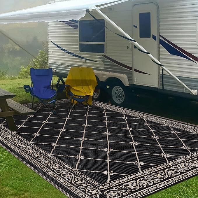 Outdoor Rug 8'x10' for Patios Waterproof Patio Rugs Outdoor Mats for Front Porch,Beach Mat,Reversible Plastic Straw Camping Rugs for Outside RV,Deck,Balcony,Backyard，Black&Beige