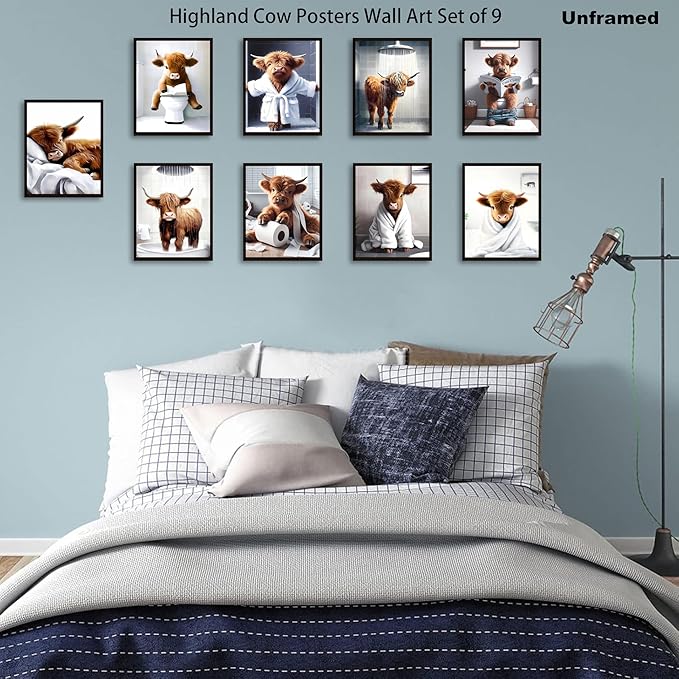 SEHSUVC Funny Bathroom Cow Posters Wall Art Set of 9, Highland Cow Canvas Prints Pictures, Art Animal Restroom Wall Decor for Bathroom Bedroom Babyroom Decoration 8x10In Unframed